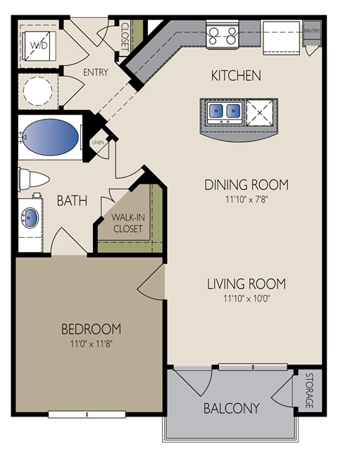 Floor plan for 1 bed, 1 bath, 709 sqft